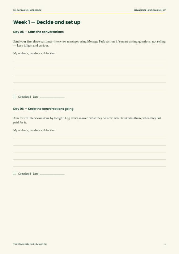 Sample daily planning page from the Mzansi 30-Day Launch Workbook